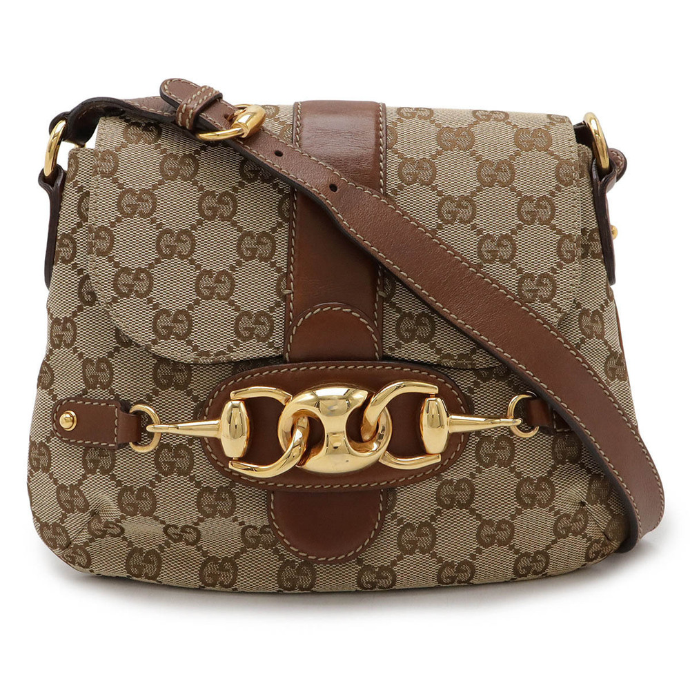Gucci Horsebit GG Canvas Shoulder Bag Hobo Leather Beige Cream Brown